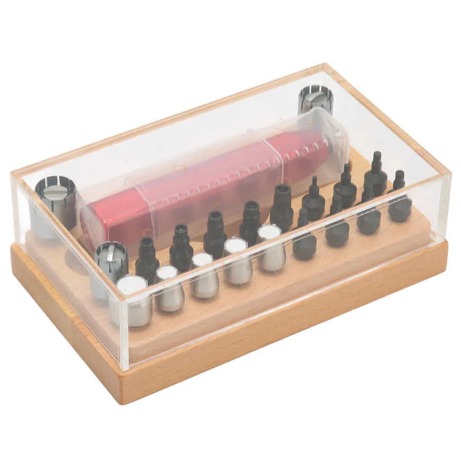 20-piece steel watch barrel open tube set in a black storage case for repair