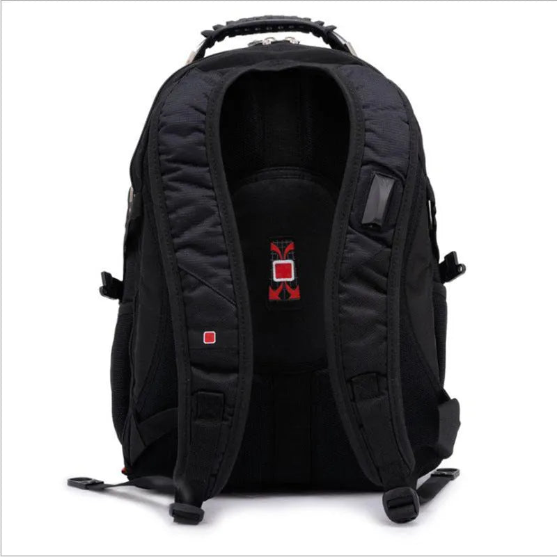Black business computer backpack open to show three compartments and laptop sleeve