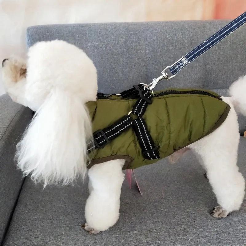 Red waterproof dog coat with integrated harness for winter outdoor use