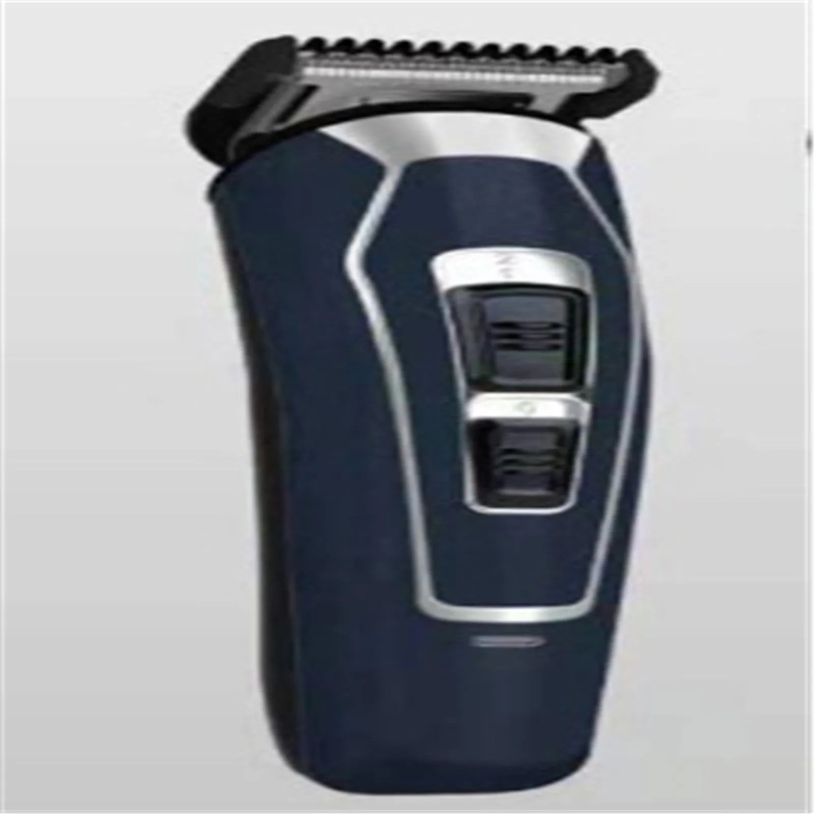 Dark blue rechargeable electric hair clipper with stainless steel blades on a plain background.