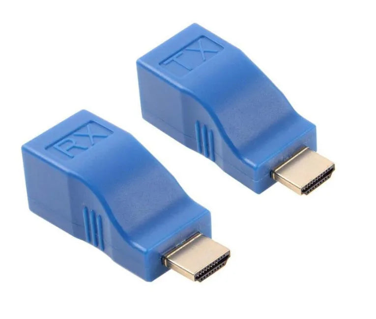HDMI over Cat-5e/6 extender kit showing compact transmitter and receiver units for 30m 1080P signal extension.
