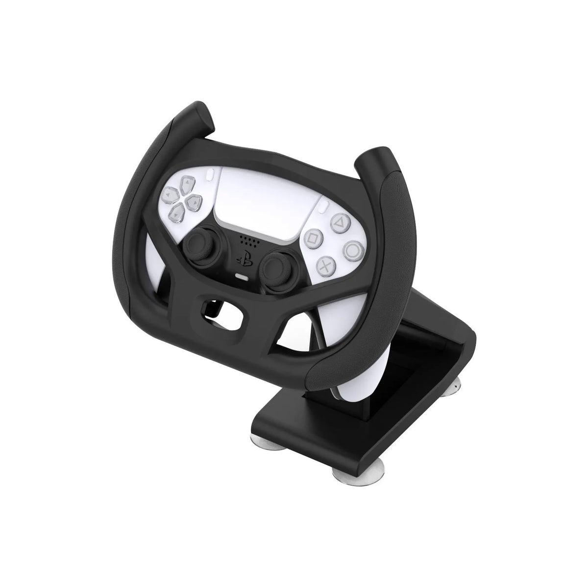 Black ABS plastic gamepad steering wheel bracket with suction cup for mounting a mobile phone.