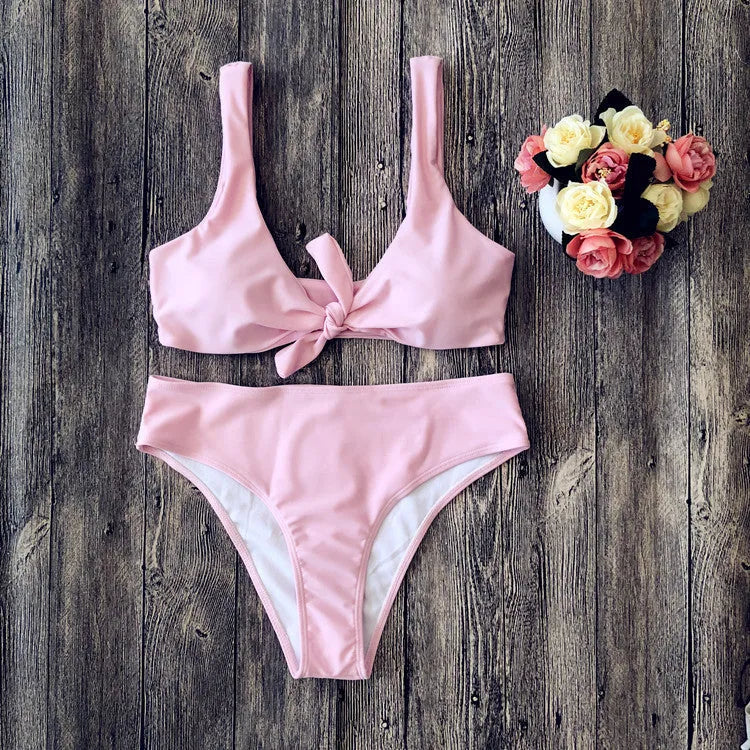 Women's pure colour bikini swimsuit in polyester fabric showing colour options