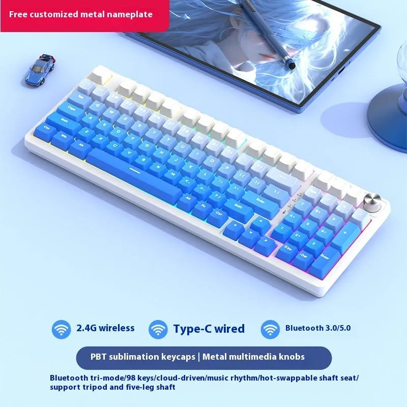 98 key wireless Bluetooth mechanical keyboard kit with metal knob on desk