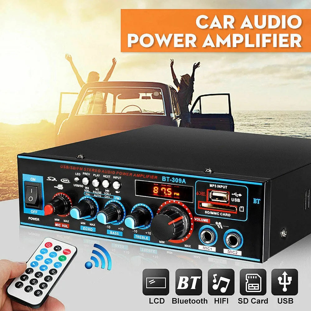 Black BT-309A-A dual-purpose power amplifier with Bluetooth and FM radio for home and car use