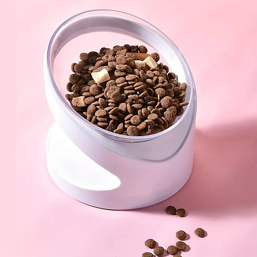 White clear elevated plastic cat food bowl with anti-vomit tilt design.