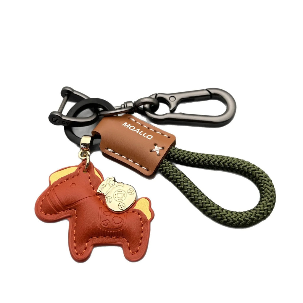 Handmade cowhide car key ring pendant with zinc alloy buckle and flannel rope in various colours