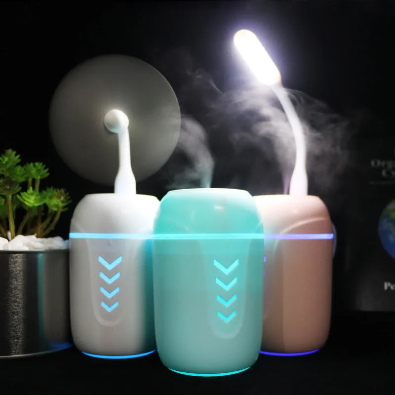 X3 portable car humidifier with columnar design in blue, pink and white colour options