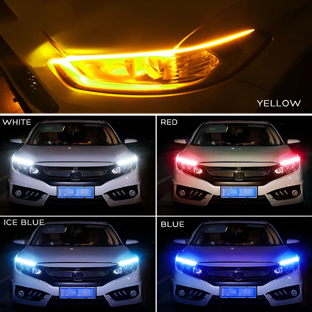 Car LED daytime running light strip with flowing turn signal in waterproof silicone, showing wire connections