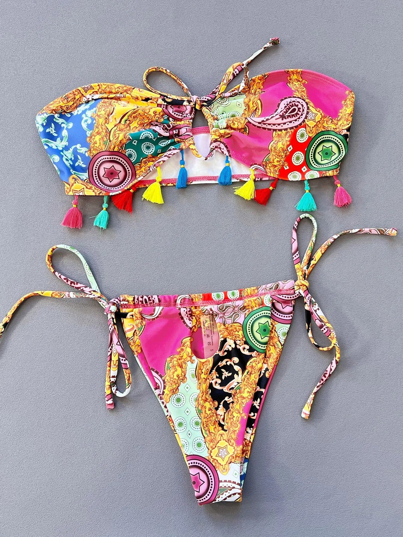 Women's printing colour separated tube top bikini set with briefs for swimming sports