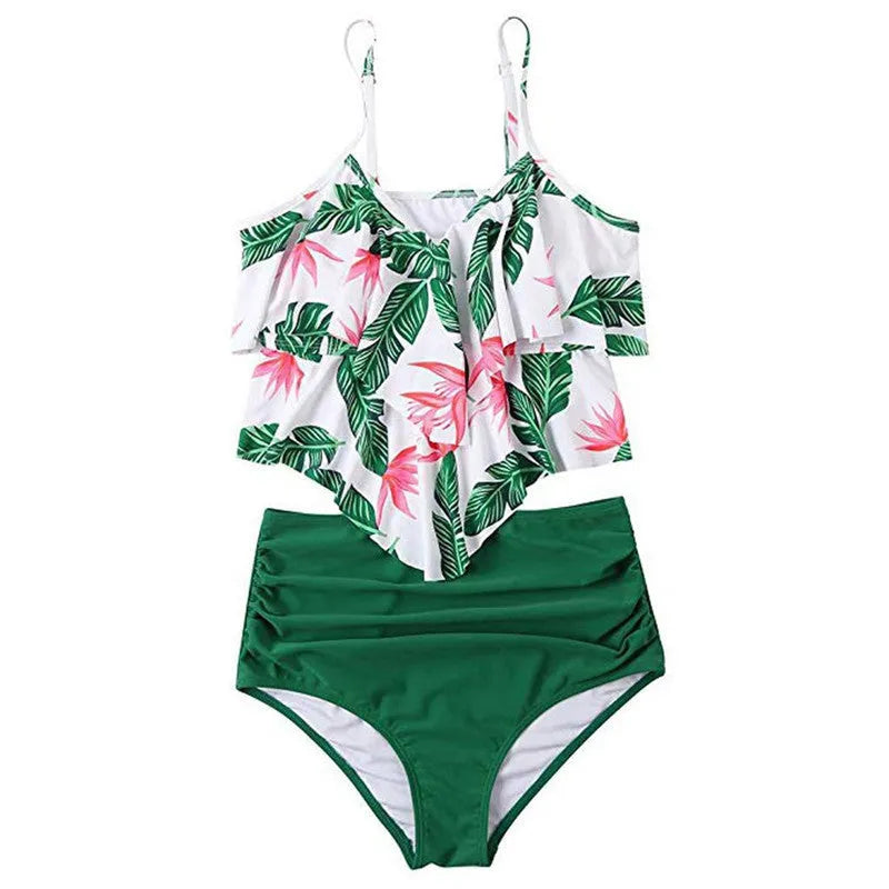 Ruffled bikini swimsuit in polyester with lining, available in black, green, and rose red, sizes S to XL