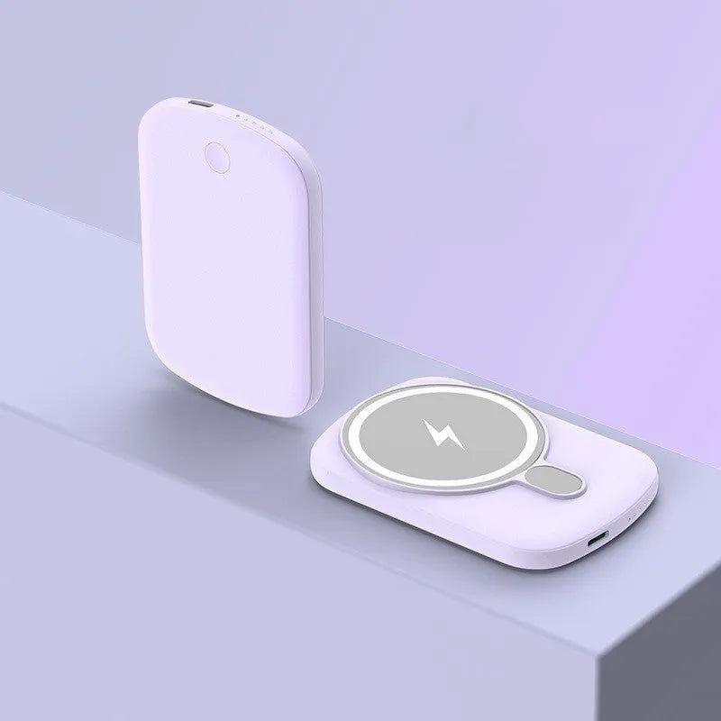 Magsafe magnetic power bank in Barbie Pink, Gentleman's Black, Lightning Purple, and Ivory White with wireless charging function