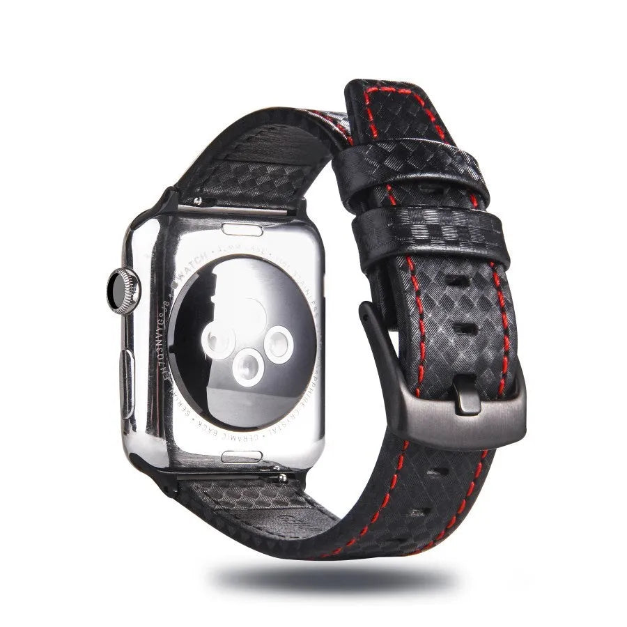 Leather Apple Watch strap with carbon fibre pattern in black, blue, orange, or red colours for 38mm 40mm or 42mm 44mm cases.