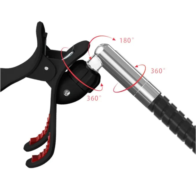 Black and white mobile phone bracket for bed with universal folding clamp on overhead support shelf