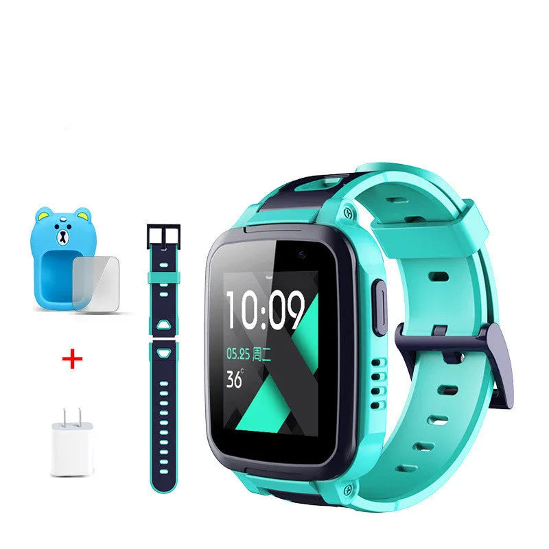 360 SE5 blue children's waterproof phone watch with stainless steel wristband on a wrist.