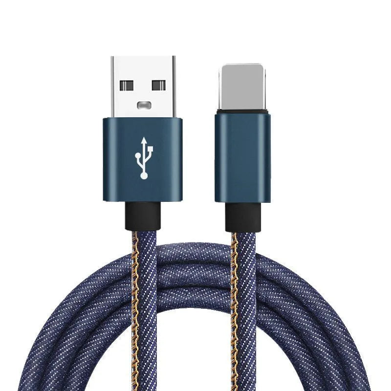 Close-up of a denim-braided USB-C cable with aluminium connectors in choice of colours.