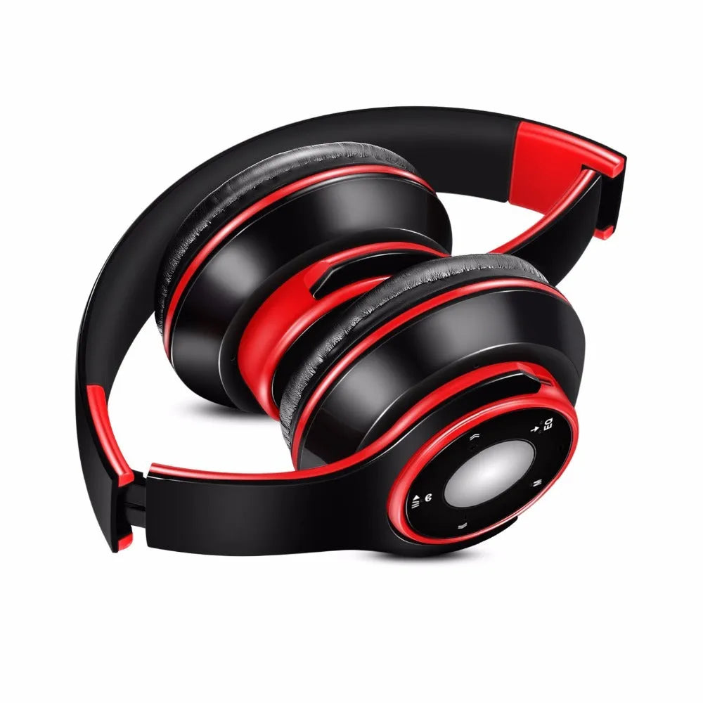 Foldable wireless Bluetooth headset in blue, red, or rose red with adjustable hinges.