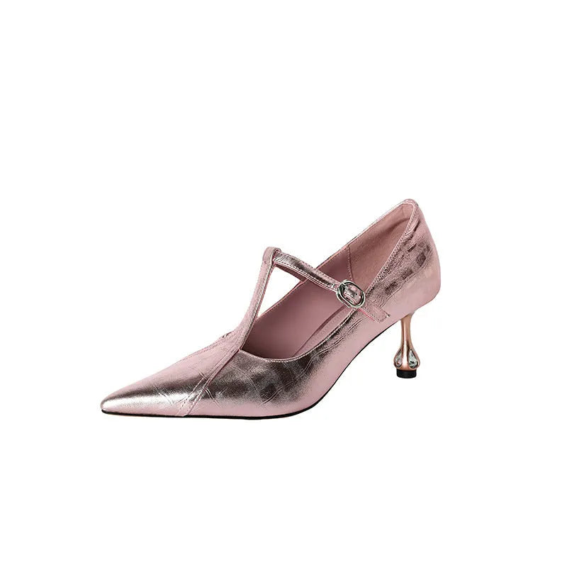 Genuine leather chunky heel high heels in gun colour with pointed toe design
