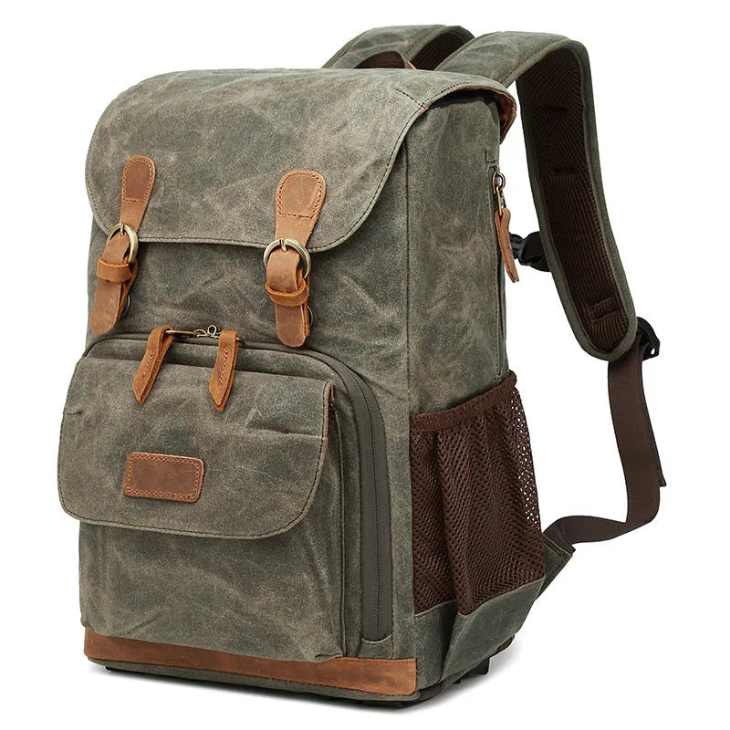 Khaki coloured canvas DSLR camera backpack with adjustable straps shown front-on.