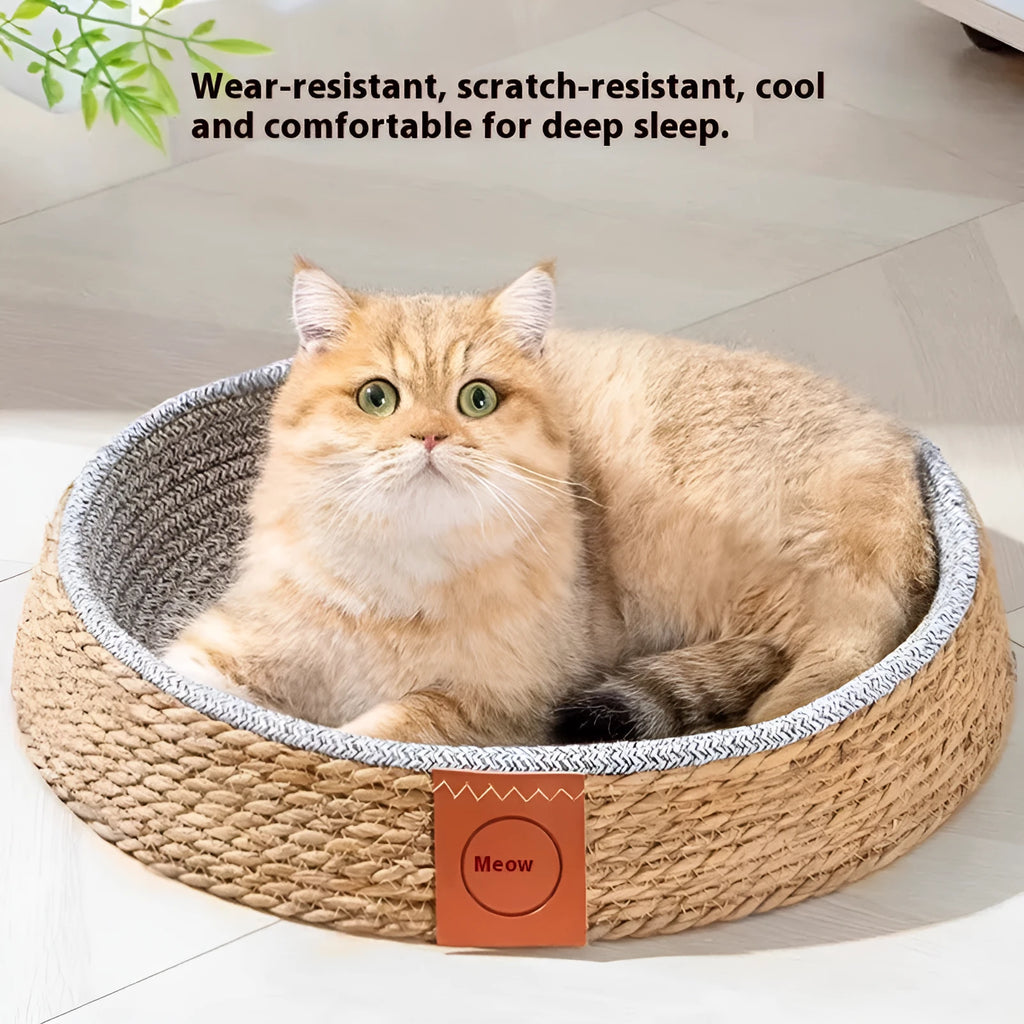 Natural rattan woven cat nest bed available in four different sizes for feline comfort