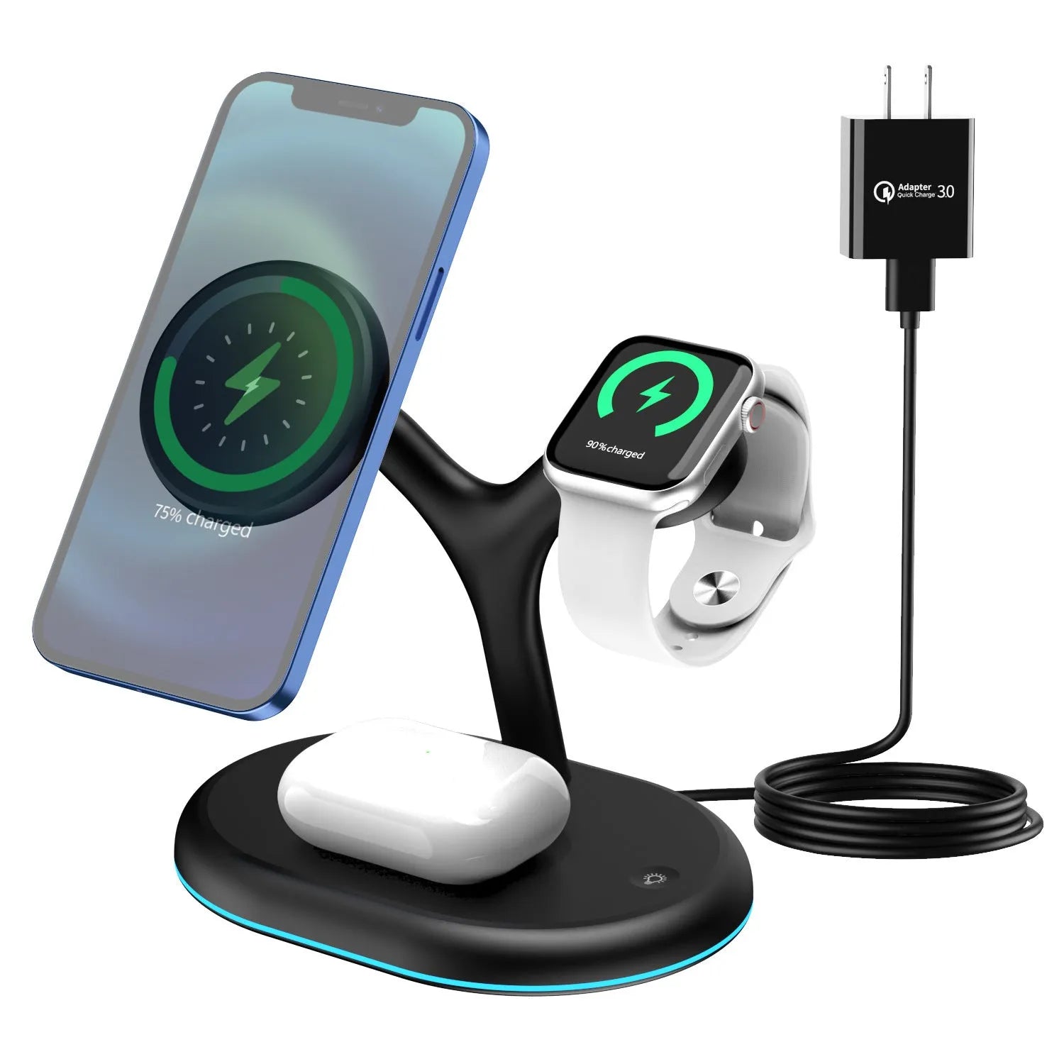 Black three-in-one magnetic wireless charger with ABS plastic construction