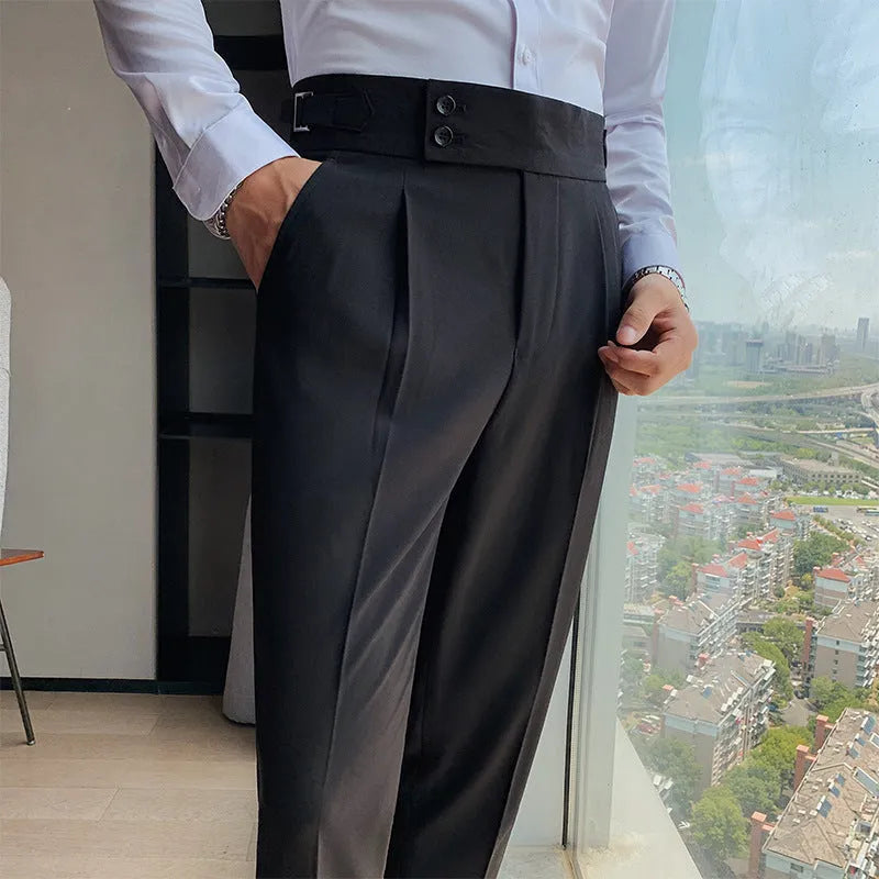 Straight leg casual trousers in polyester fabric showing multiple colour options and sizing from 29 to 36