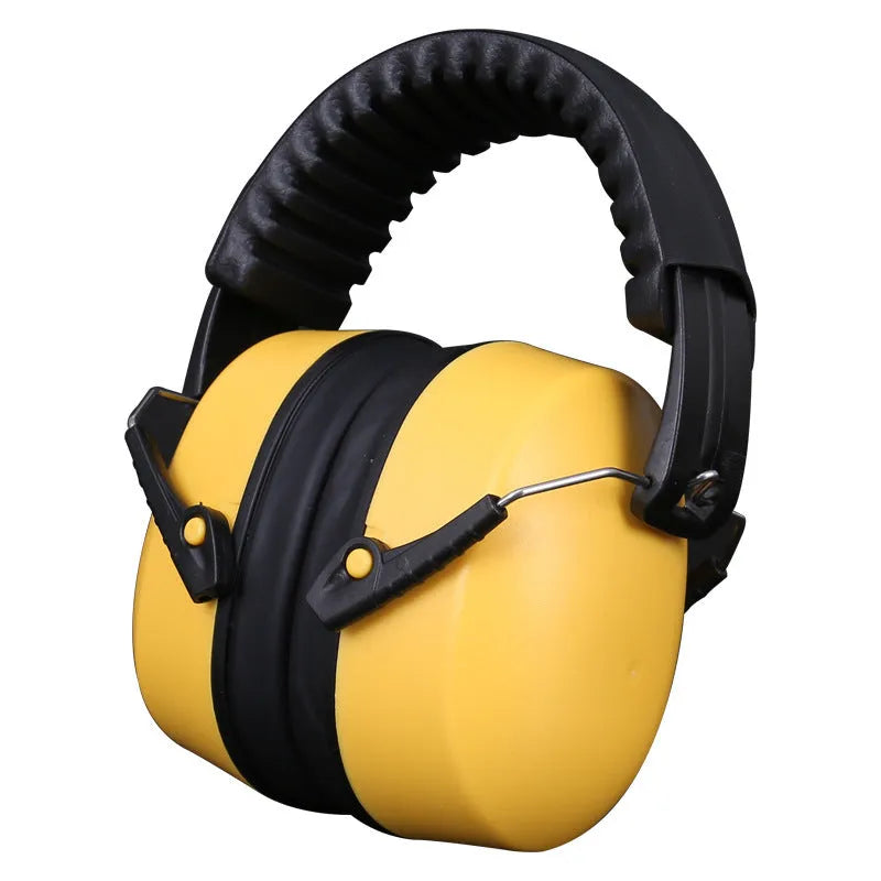Orange adjustable noise-cancelling headphones and protective earmuffs with fabric ear cushions.