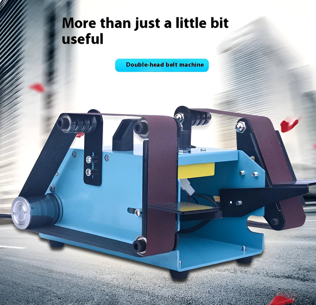 Blue desktop dual-axis belt sander with grinding belt and knife sharpening attachment on workshop bench