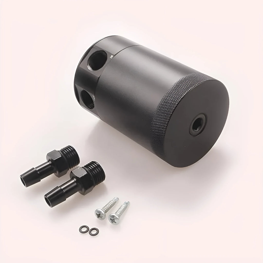 Aluminium automotive oil breather pot with two mounting holes in black and silver colour options