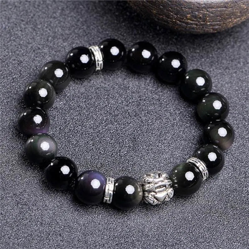Natural obsidian stone bracelet with cloud pattern, showing 10mm and 12mm bead size options.