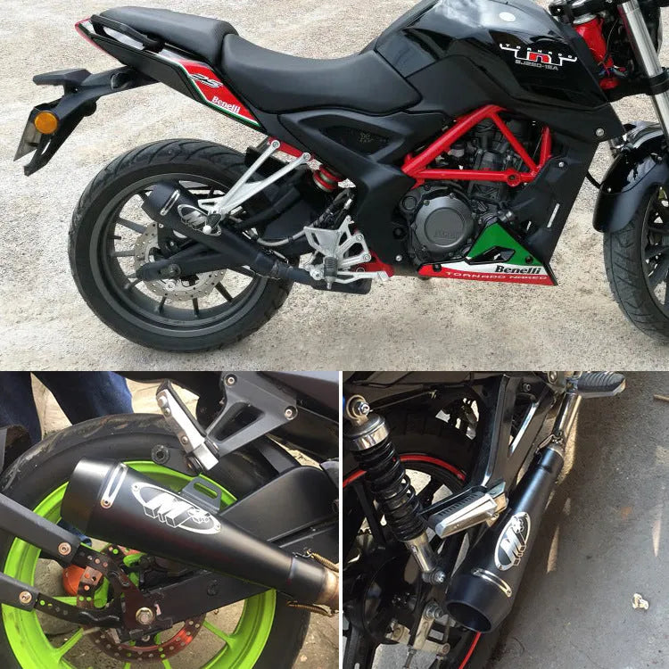 M4 motorcycle exhaust pipe in multiple colour options including black, titanium, and blue finishes