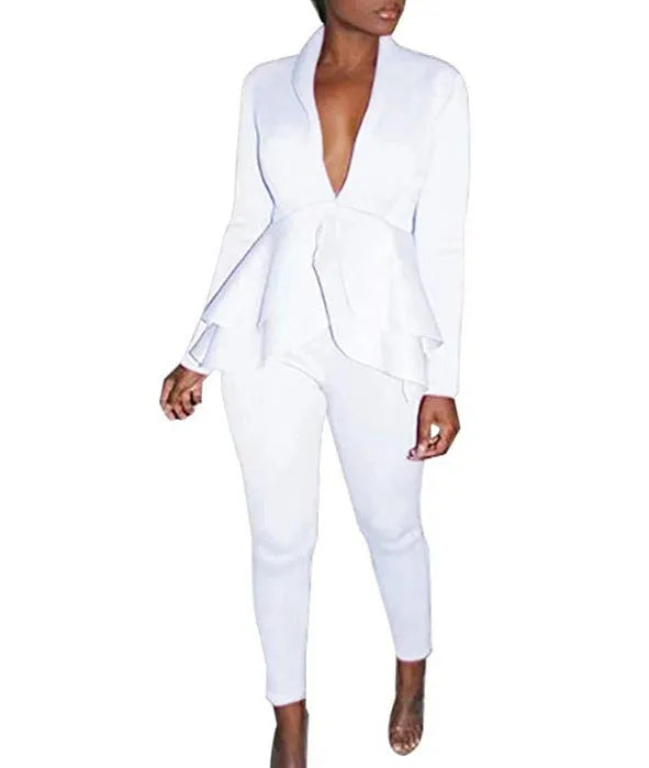 Ruffled air layer business uniform set showing shirt and pencil pants in a selected colour.