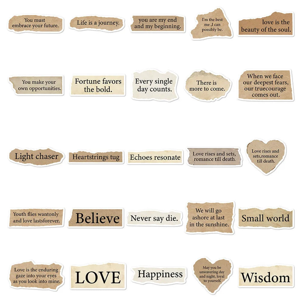 Set of 25 torn paper style English text decorative PVC stickers for laptops and notebooks.
