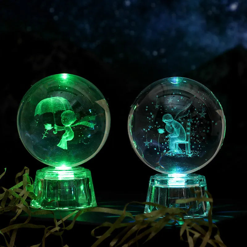 Transparent luminous crystal ball ornament with inner carving on fixed base