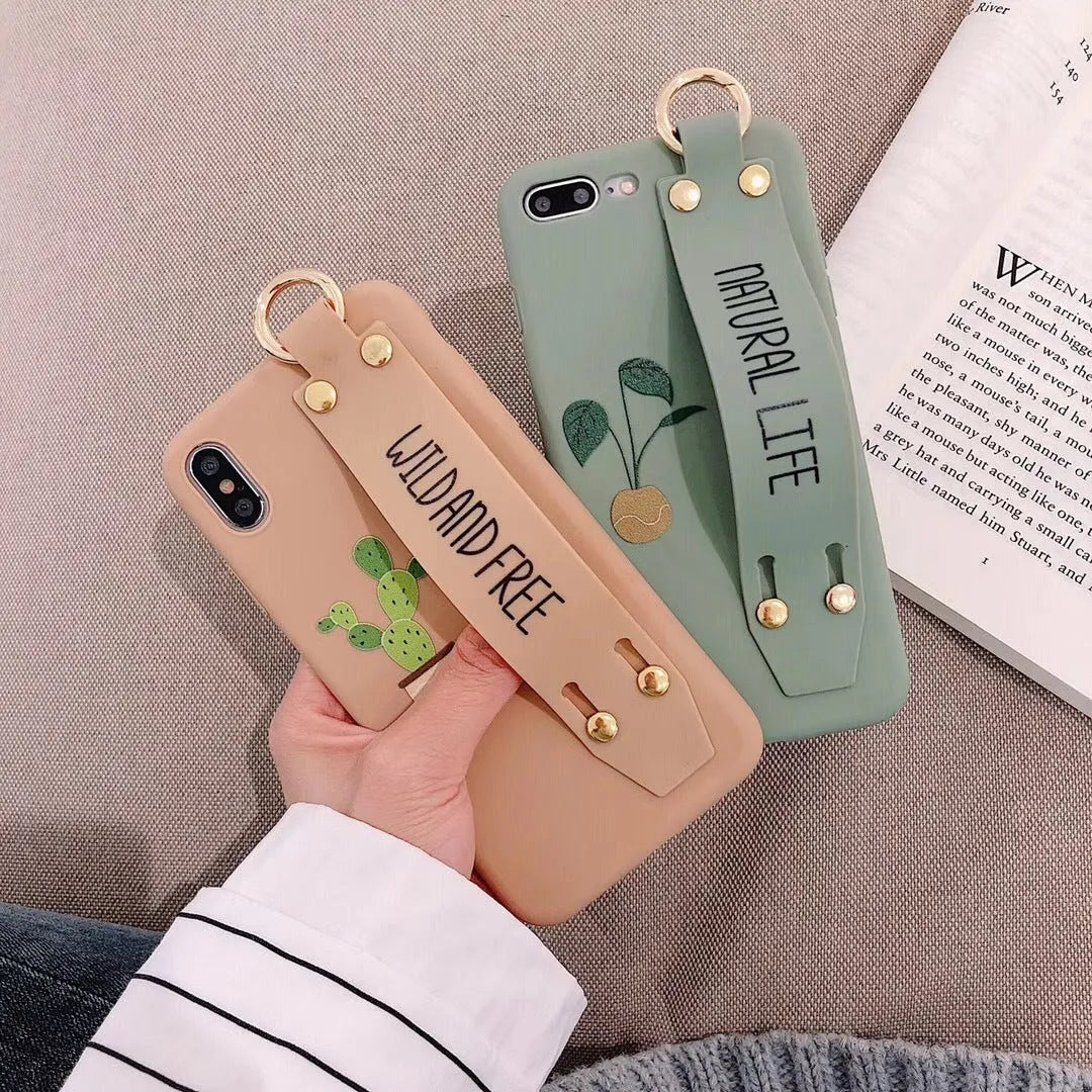Green graffiti print phone case with a detachable wrist strap for iPhone