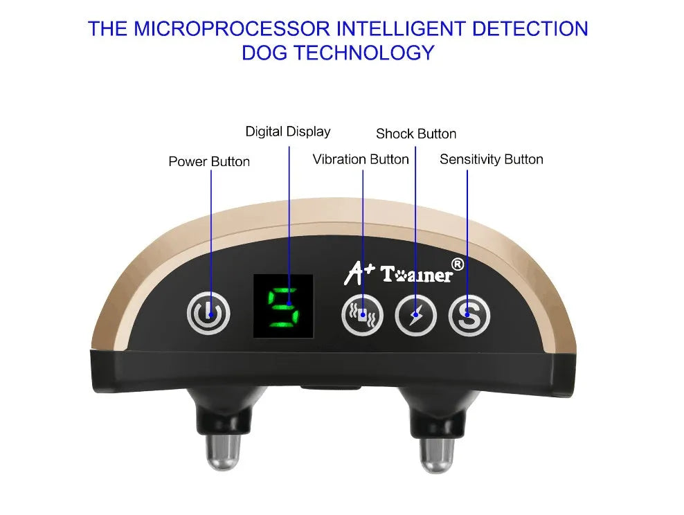 Black waterproof dog bark collar with digital display screen and adjustable reflective strap