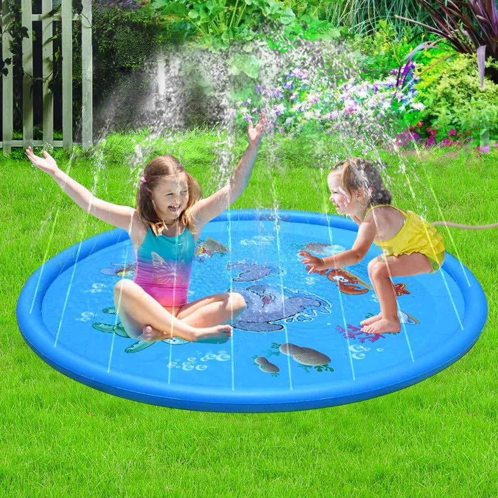 Blue PVC children's water spray mat with marine animals design for outdoor play