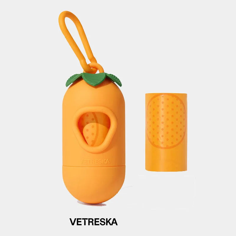 Portable dog poo bag dispenser capsule with scented inner bags in strawberry, orange, or cherry blossom options