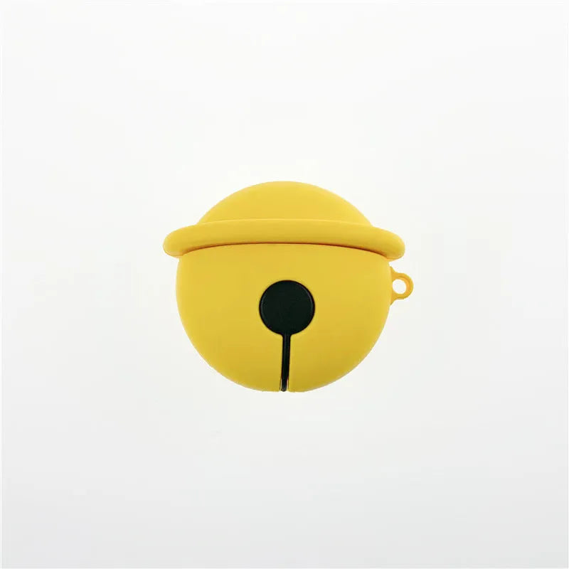 Yellow silicone case with a bell charm and keyring for Apple AirPods 1 and 2 generation.