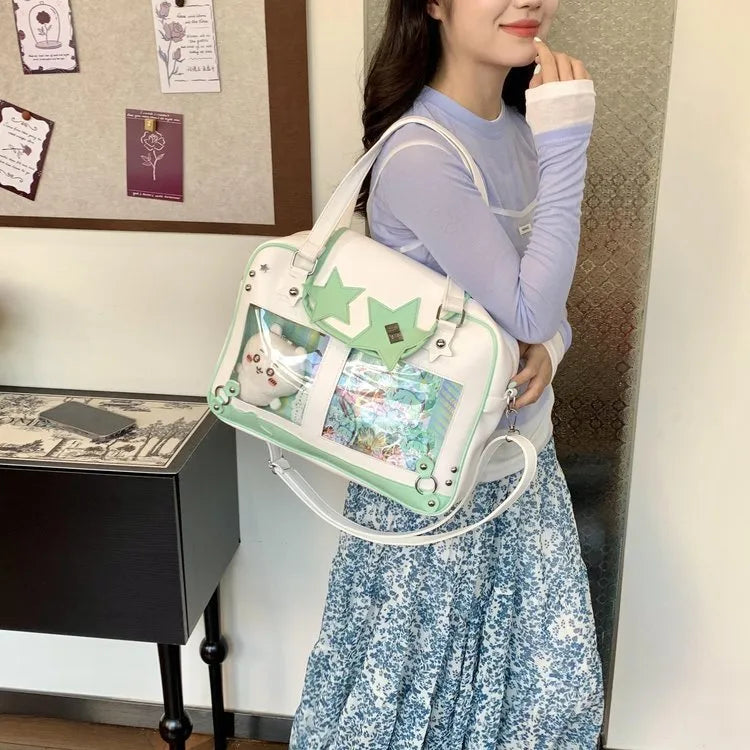 Preppy style PU shoulder messenger bag, 36x21x7cm horizontal square, contrast colour, with mobile phone bag
