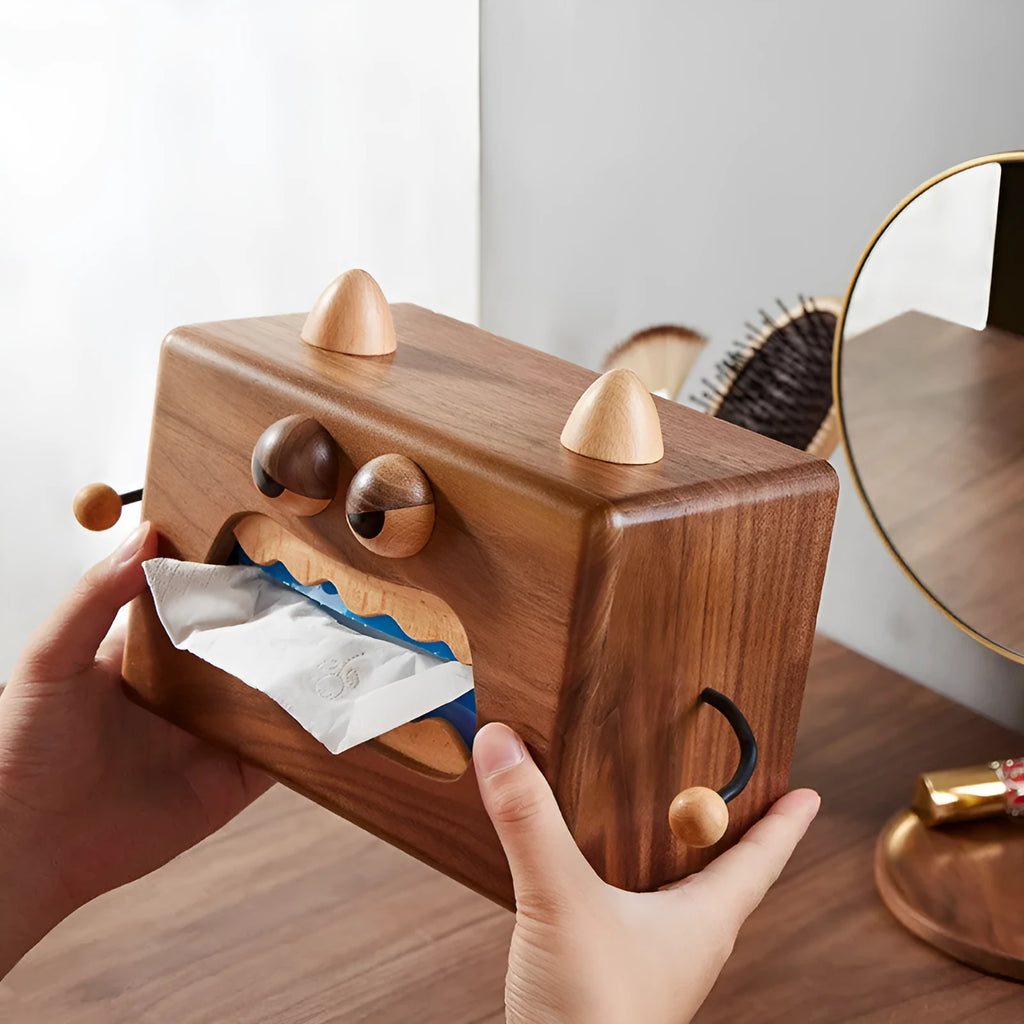 Little Monster cartoon character design on a wooden tissue box in walnut beech finish.