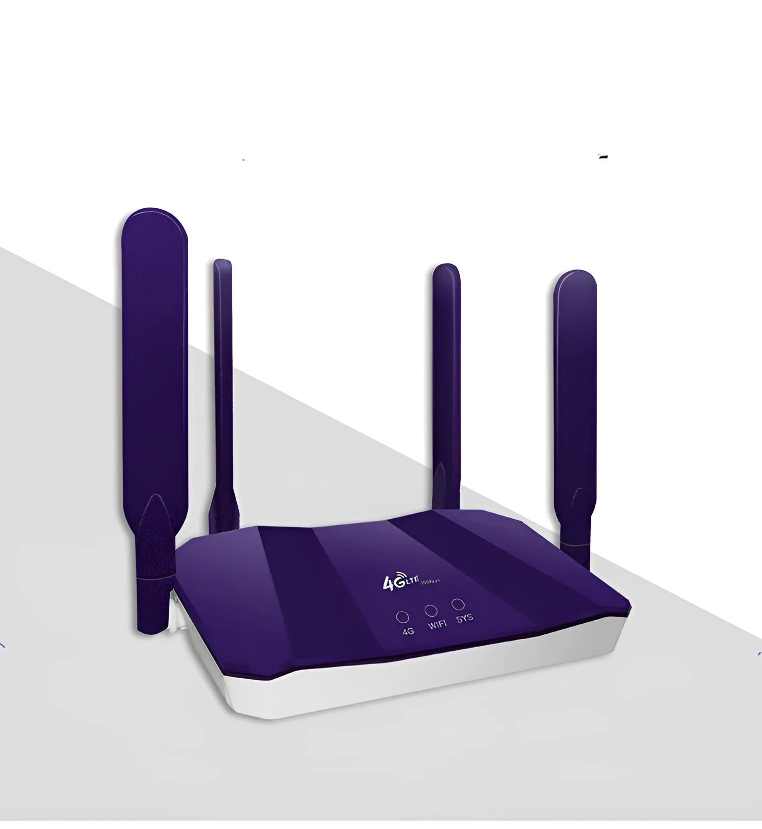 Blue dual-mode 4G and wired router with four external antennas, showing front panel and compact size.