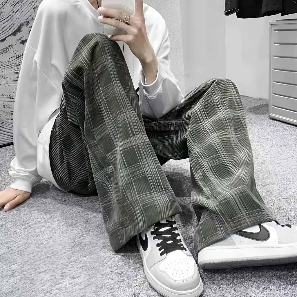 Japanese casual straight-leg trousers with tartan plaid pattern in black or green