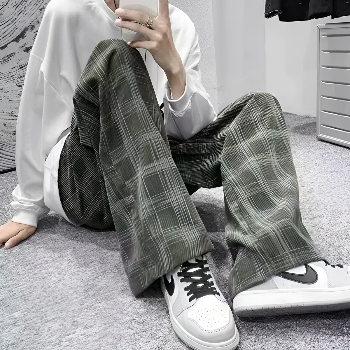 Japanese casual straight-leg trousers with tartan plaid pattern in black or green