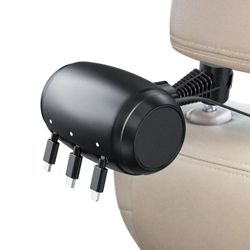 Black car headrest charger with 3-in-1 Micro USB, USB-C and Lightning ports and 1.5m auto-shrinking cable.