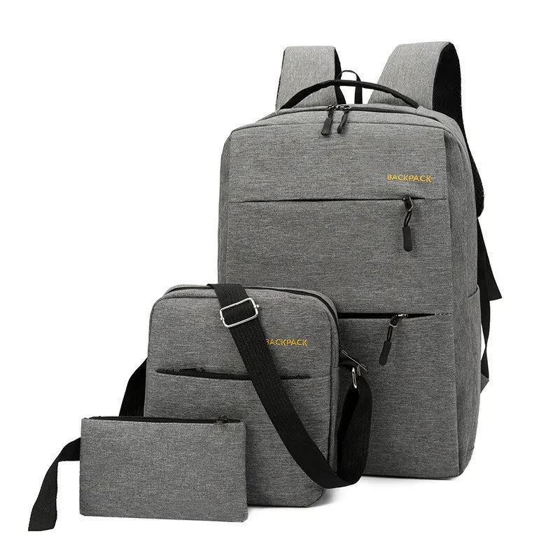 Men's three-piece USB charging computer bag set in nylon fabric showing internal compartments