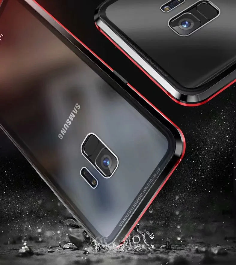 Black anti-peeping magnetic clamshell phone case for Samsung phones shown closed.