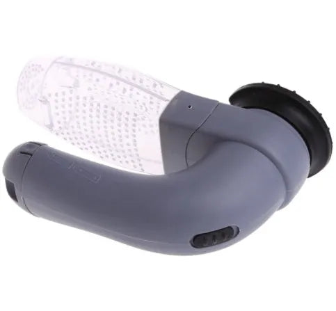 Grey portable pet hair vacuum cleaner with soft rubber head and large collection canister