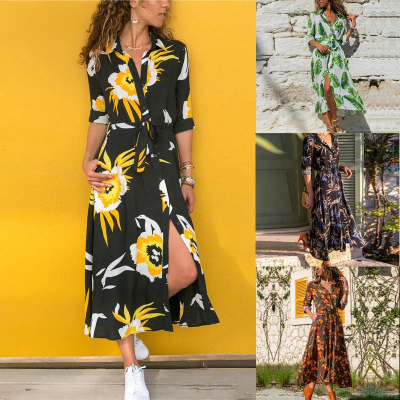 Women's vintage-style chiffon dress with V-neck, high waist, and printed A-line skirt.