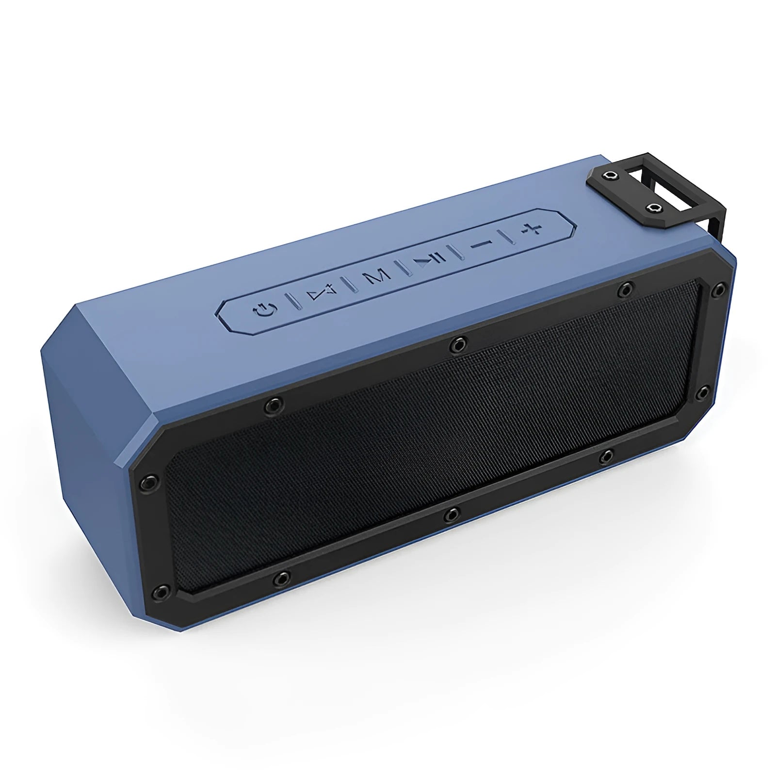 Black waterproof Bluetooth speaker with climbing rope attached showing dimensions 207x63x80mm